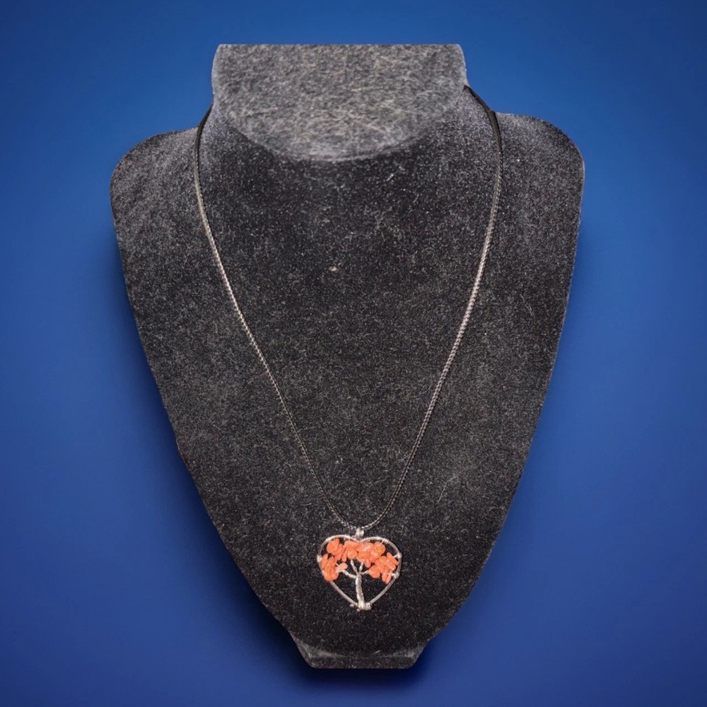 Heart-Shaped Braided Tree of Life Orange Crystal Gemstone Pendant Necklace